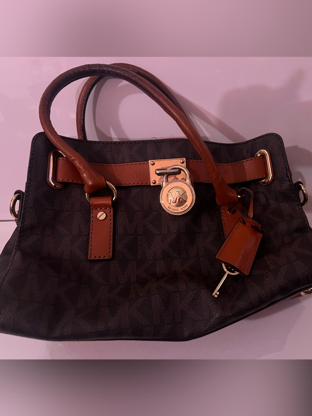 Michael Kors Black and Brown Shoulder Bag with Gold Accents